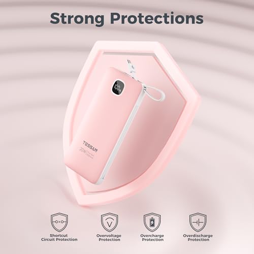 TESSAN Portable Charger with Built in Cables, 10000mAh Power Bank Wall Plug - color: Pink