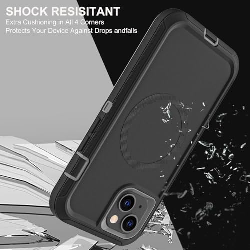 YKHJKLEC for iPhone 15 Case, Compatible with Magsafe, Military Grade 3 in 1 Heavy Duty Shockproof/Drop Proof/Dust Proof Case with 2Pcs Tempered Glass Screen Protector (New-Black/Grey) - color: New-Black/Grey