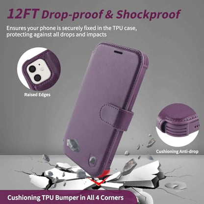 VANAVAGY Wallet Case for iPhone 11 6.1 inch, Purple | 12ft Drop-proof Cover for Women Men, Silm PU Leather, RFID Blocking Card Holder, Wrist Strap, Screen Protector - color: Purple
