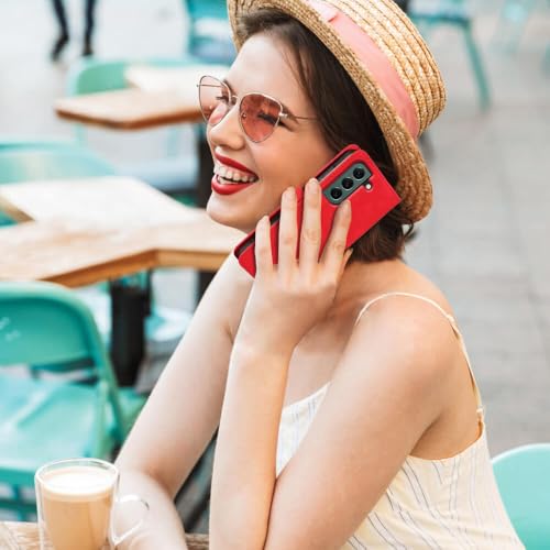 Wallet Case for Galaxy S22, RFID Blocking, 4 Card Slots, Red | For Samsung Galaxy S22 6.1 inch, PU Leather Flip Cover, Protective TPU Shell, Magnetic Closure, Stand, Wrist Strap - color: Red