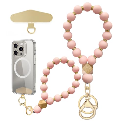 Silicone Beaded Phone Wrist Strap, Phone Bracelet Strap with Tether Tab Elastic Hands Free Wristlet Strap - color: Pink