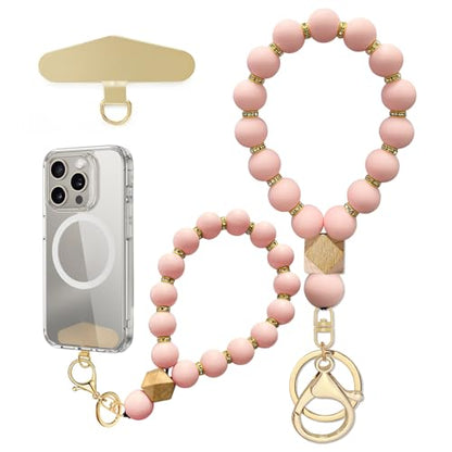Silicone Beaded Phone Wrist Strap, Phone Bracelet Strap with Tether Tab Elastic Hands Free Wristlet Strap - color: Pink