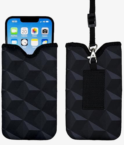 Tainada Neck Phone Holder Pouch w/Belt Loop (Black Geometric Pattern) - color: Black Geometric Pattern