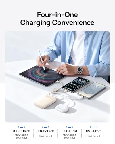 Baseus 20000mAh Compact Portable Charger 45W, CCC Certified Power Bank Built-in USB-C Cables, Travel Essential PD Fast Charging Battery Pack for iPhone 17/16 Series Galaxy S25/S24 Ultra Google iPad - color: Beige