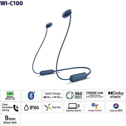 Sony WI-C100 Wireless in-Ear Bluetooth Headphones with Built-in Mic, Black - color: Black, size: One Size