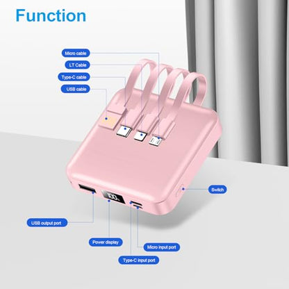 ummz Mini Portable Charger with Built-in 4 Cables，12000mAh Small Power Bank - color: pink