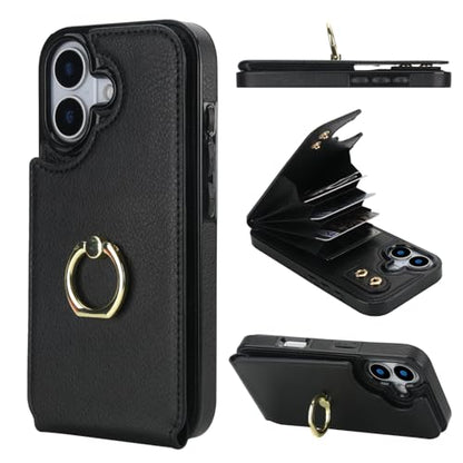Folosu for iPhone 17 Case Wallet with Card Holder, Finger Ring Cover Black - color: Black