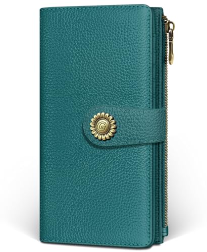 GIANCOMICS Teal Blue Womens Wallet RFID Blocking, Credit Card Holder Bifold | Billfold, Cute Cash Purse, Travel Zipper Coin Pocket, Compact Clutch, PU Leather, ID Window, 11 Card Slots, Ladies Gift Woman - color: A Solid Teal