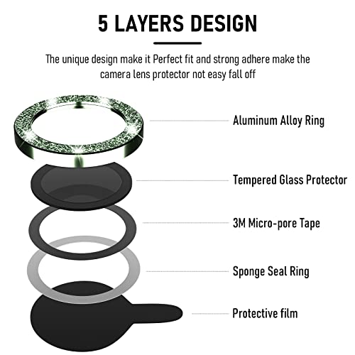 Suoman 3-Pack for iPhone 13 Pro 6.1 inch / 13 Pro Max 6.7 inch Camera Lens Protector, 9H Hardness Tempered Glass Film, [Glitter diamonds] Individual Metal Protective Cover - Green - color: Green