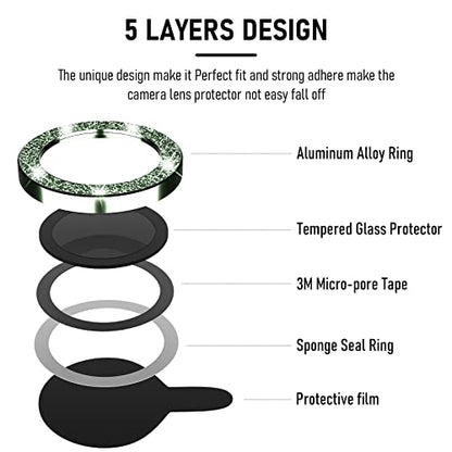 Suoman 3-Pack for iPhone 13 Pro 6.1 inch / 13 Pro Max 6.7 inch Camera Lens Protector, 9H Hardness Tempered Glass Film, [Glitter diamonds] Individual Metal Protective Cover - Green - color: Green