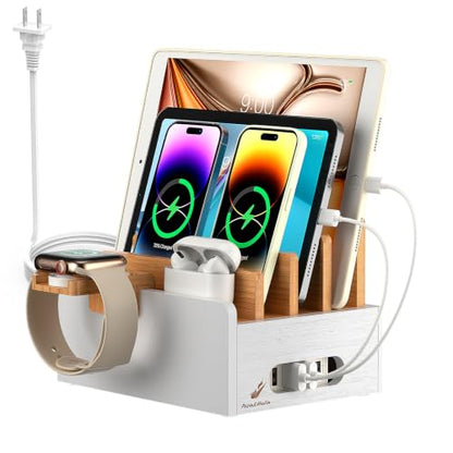 Pezin & Hulin Bamboo Charging Station with USB Charger&Cables-Natural+White - color: Natural + White(With Charger)