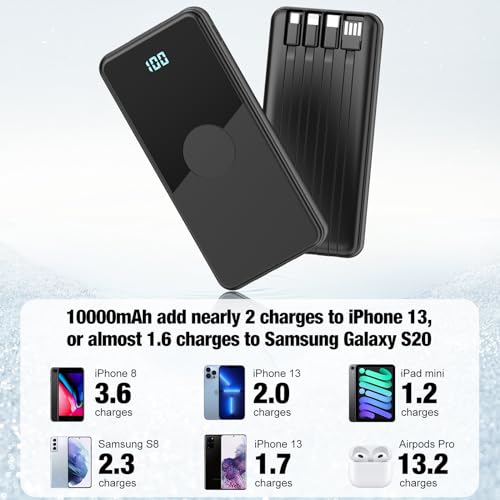 Portable Charger with Built in Cables,High Speed Power Bank 10000mAh Travel Battery Pack 5 Outputs 3 Inputs Portable Phone Charger Backup Battery for iPhone, Samsung, iPad,Tablets (Black) - color: Black