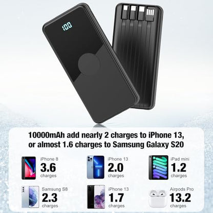 Portable Charger with Built in Cables,High Speed Power Bank 10000mAh Travel Battery Pack 5 Outputs 3 Inputs Portable Phone Charger Backup Battery for iPhone, Samsung, iPad,Tablets (Black) - color: Black