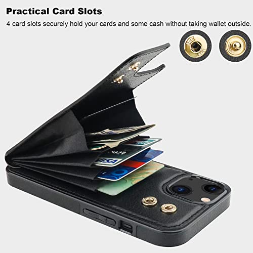 Folosu Compatible with iPhone 14 Case Wallet with Card Holder, 360°Rotation Finger Ring Holder Kickstand, RFID Blocking Leather Protective Double Buttons Shockproof Cover 6.1 Inch Black - color: Black, size: iPhone 14