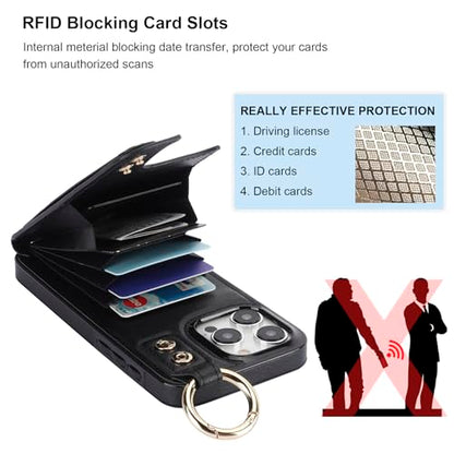Folosu for iPhone 15 Pro Max Wallet Case with Card Holder, Hand Wrist Strap Loop Holder Kickstand, RFID Blocking Finger Grip Ring PU Leather Double Buttons Shockproof Cover 6.7" Black - color: Black