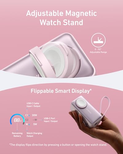 Anker MagGo Power Bank for Apple Watch, 10,000mAh 35W Max Portable Charger - color: Pink