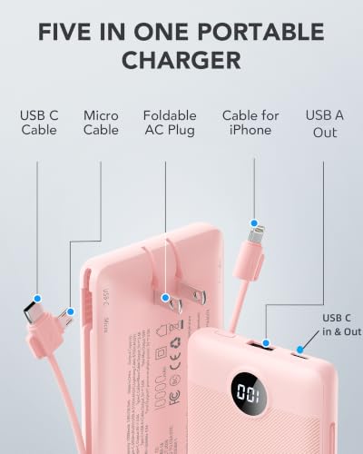 VRURC Portable Charger, Power Bank Built-in Cables and AC Wall Plug - color: Pink