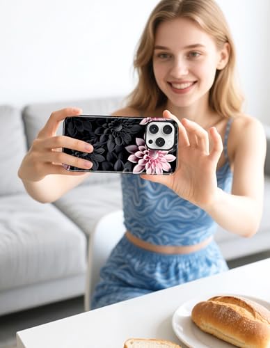 Jusy Magnetic Floral Phone Case for iPhone 14 Pro,Black Pink | Compatible with MagSafe, Cute Aesthetic Floral Design, TPU and PC Protective Shockproof Cover - color: Black Pink Lotus
