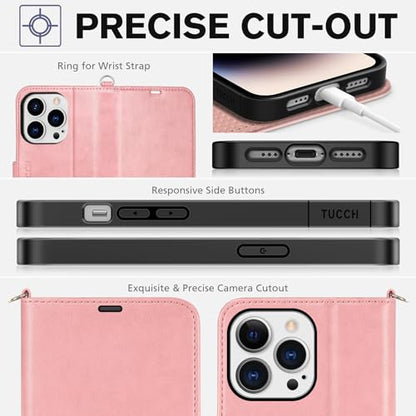 TUCCH Wallet Case with Wrist Strap for iPhone 14 Pro (6.1") 2022, Rose Gold | 4 Card Holders, RFID Blocking, Viewing Stand, Shockproof TPU Shell, PU Leather, Magnetic Closure, Folio Flip Cover - color: Strap - Rose Gold