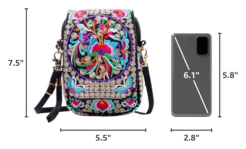 SILKAREA Embroidered Cute Mini Crossbody Bag for Women Small Handbags Wristlet Wallet Bag Cell-phone Pouch Coin Purse - color: Black Flower