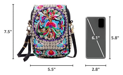 SILKAREA Embroidered Cute Mini Crossbody Bag for Women Small Handbags Wristlet Wallet Bag Cell-phone Pouch Coin Purse - color: Black Flower