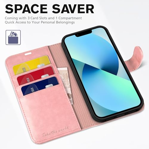 TUCCH Wallet Case for iPhone 13 (6.1") 2021, 3 Card Holders, Rose Gold | RFID Blocking, Viewing Stand, Shockproof TPU Shell, PU Leather, Magnetic Closure, Protective Folio Flip Cover - color: Pink