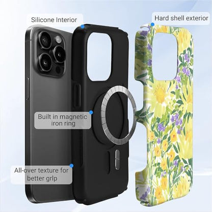 Case for iPhone 15 Pro | Anti-Slip Side Handle| Bold Protective Design | Compatible with MagSafe | Bright Yellow Wildflowers | - color: Bright Yellow Wildflowers, size: iPhone 15 Pro
