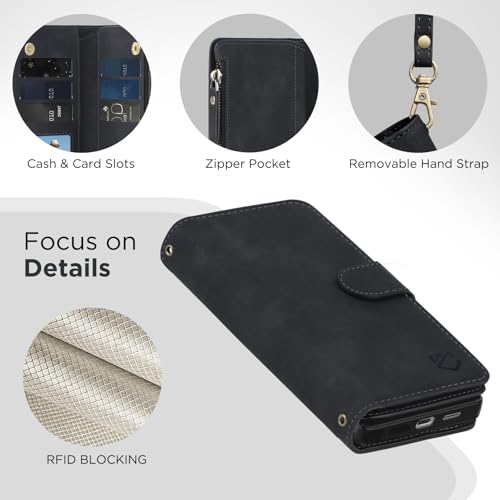 for Samsung Galaxy S24-FE-Wallet Case: with RFID Blocking Card Slots (6 Cards) | Soft PU Leather Magnetic Snap Zipper Pocket | Crossbody Wrist Strap Protective Phone Cover - Black - color: Black, size: Galaxy S24 FE（6.7‘’）