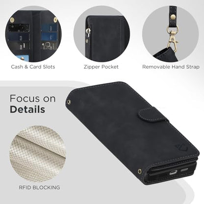 for Samsung Galaxy S24-FE-Wallet Case: with RFID Blocking Card Slots (6 Cards) | Soft PU Leather Magnetic Snap Zipper Pocket | Crossbody Wrist Strap Protective Phone Cover - Black - color: Black, size: Galaxy S24 FE（6.7‘’）