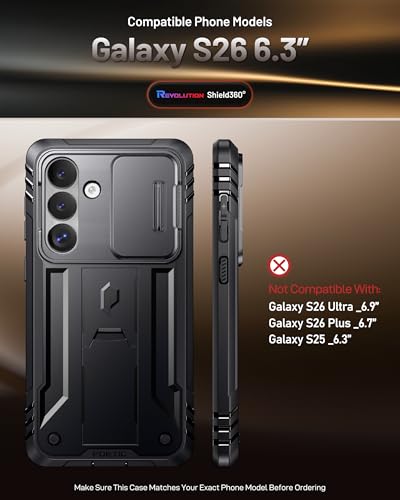 Poetic Revolution Case for Samsung Galaxy S26, [Slide Camera Cover], [20FT Mil-Grade Drop Tested], Full-Body Military Grade Rugged Dual-Layer Shockproof Cover with Kickstand, Black - color: Black, size: Galaxy S26