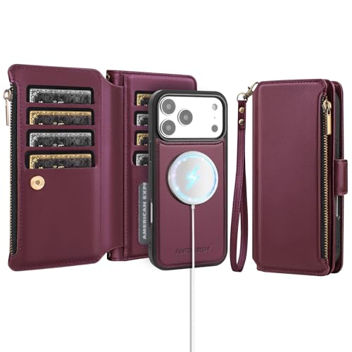 Antsturdy Compatible with MagSafe iPhone 17 Pro Wallet Case,Wine Red | Detachable Magnetic Credit Card Holder,RFID Blocking,PU Leather Zipper Purse,Wrist Strap Kickstand,Flip Phone Cover for Women - color: (Detachable with Magsafe)-Wine Red