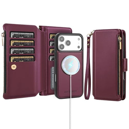 Antsturdy Compatible with MagSafe iPhone 17 Pro Wallet Case,Wine Red | Detachable Magnetic Credit Card Holder,RFID Blocking,PU Leather Zipper Purse,Wrist Strap Kickstand,Flip Phone Cover for Women - color: (Detachable with Magsafe)-Wine Red