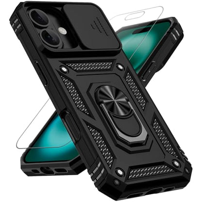 for iPhone 17 Case, with Slide Camera Cover HD Screen Protector [Military Grade 16ft. Drop Tested] Ring Holder Kickstand Protective Phone Case for Apple iPhone 17, Black - color: Black w/ Slide Camera 2nd gen. Military Grade