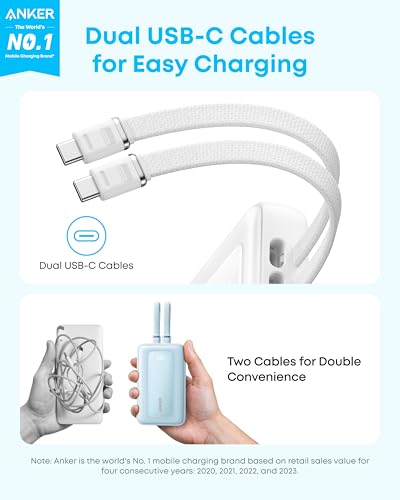 Anker Power Bank,20,000mAh 45W Portable Charger,Dual Built-in USB-C Cables - color: White, size: Built-in C cable*2