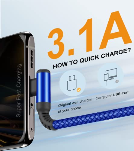 USB to USB C Cable Right Angle 3.1A Fast Charging Carplay 2Pack 6.6ft Blue - color: blue, size: 6.6ft+6.6ft