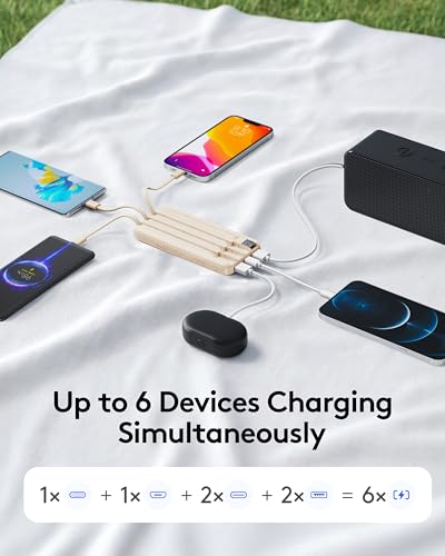 Orfeika Fast Charging Portable Charger Power Bank with Built-in 4 Cables | 10000mAh|Ultra-Slim&Light|Flight-Safe|Power 6 Devices at Once|22.5W|Battery Pack For iPhone,Samsung,Google|Travel Essentials - color: Off-White