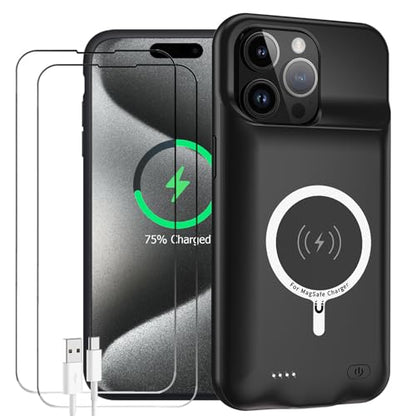 Battery Case for iPhone 15 Pro Max, Enhanced 12000mAh Portable Protective Wireless Charging Case Support Carplay Compatible with iPhone 15 Pro Max (6.7 inch) Rechargeable Battery Charger Cover(Black) - size: iPhone 15 Pro Max