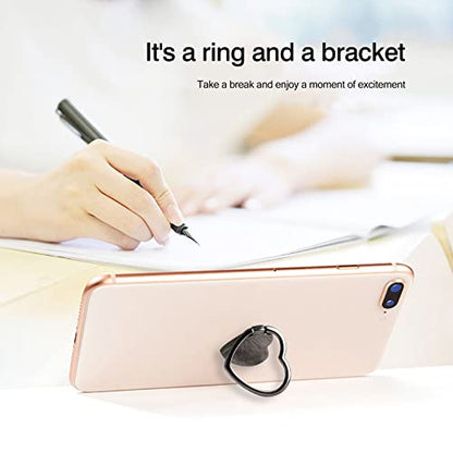 2 Packs Glossy Finish Love Heart Shaped Cell Phone Ring Holder Stand, 360 Degree Rotation Finger Ring Kickstand with Polished Metal Phone Grip (Black)