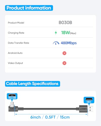 Right Angle Micro USB Cable 6 inch [2Pack], 18W Reversible USB Micro Cable - size: 0.5FT