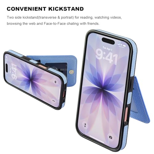 KIHUWEY for iPhone 17 Wallet Case Card Holder Kickstand, Lichee Light Blue | Credit Card Slots, PU Leather, Magnetic Clasp, Flip Heavy Duty Protection Cover for Men and Women - color: Lichee Light Blue