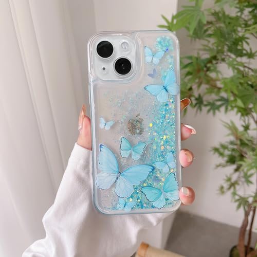 Compatible with iPhone 13 Glitter Butterfly Case Glow in The Dark Women Girls Girly Bling Sparkle Flowing Quicksand Light up Case Soft TPU Bumper Luminous Clear Phone Cover, Blue - color: Blue, size: iPhone 13