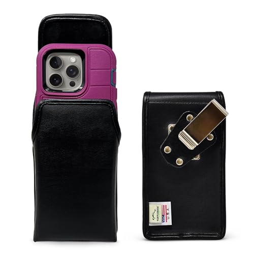 Turtleback Belt Clip for iPhone 16 Pro, 16e, 15 pro 14 Pro 13 Pro -Large- Fits w/Defender Bulky Style Cases, Premium Black Leather, Vertical Belt Holder, Magnetic Closure HD Rotating Belt Clip - color: Vertical - Leather w/ Metal Clip, size: Large