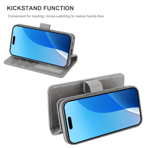 Bocasal Detachable Wallet Case Card Holder for iPhone 16, Grey | RFID Blocking Kickstand Card Slots Holder PU Leather Magnetic Shockproof Wrist Strap Removable Flip Protective Cover 6.1 inch - color: Gray