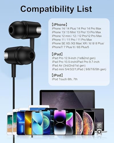 Wired Earbuds Lightning Connector for iPhone 14/13, in-Ear Wired Headphones - color: Black