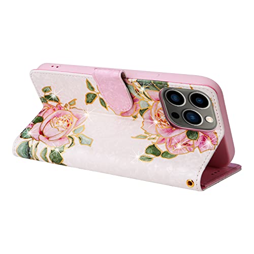 UEEBAI Wallet Case for iPhone 14 Pro, PU Leather Phone Cover Kickstand RFID Blocking Flip Case Card Slots Wrist Strap Relief Engraved Pattern Magnetic Closure Flower Folio Wallet, White Rose - color: White Rose, size: iPhone 14 Pro