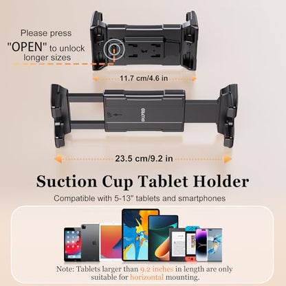 OHLPRO Tablet Holder for Car Dashboard [Suction Cup Mount] Windshield Wall Desk, Adjustable Stand for 5-13" iPad mini Air Pro Galaxy Tab S9 Phone - Heavy Duty Truck Accessories (9" Arm)