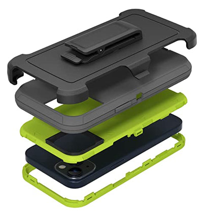 Compatible with iPhone 13 6.1 inch Case,with Screen Protectors,Heavy Duty Rugged Shockproof Full Body Protection Kickstand Case with Belt Clip Holster for iPhone 13 Phone (Dark Grey+Green) - color: Dark Grey+Green