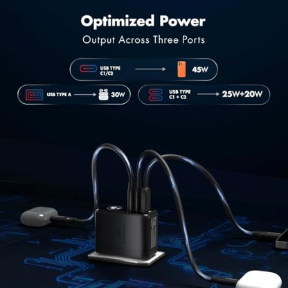 45W Smart LED Wozoyo GaN Charger, 2XType-C & USB-A Superfast 2.0 Charging, Compatible For iPhone 17/16/16 Pro Max/15 Series/iPad Pro, Smartphones, Tablets And More, PD/PPS/QC 3.0,Compact Foldable Plug