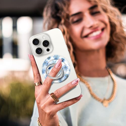Magnetic Phone Ring Holder for MagSafe,360 Degree Rotation Magnet Cell Phone Grip Blue Daisy Design Stand Finger Ring Kickstand for Smartphone