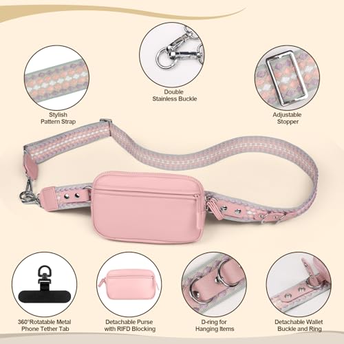 YFWE Clip and Go Phone Strap with Crossbody Wallet, Adjustable Phone Lanyard with Detachable RFID Wristlet Wallet, Anti-Theft Leather Purse with ID Window for Travel Essentials (Pink) - color: Pink
